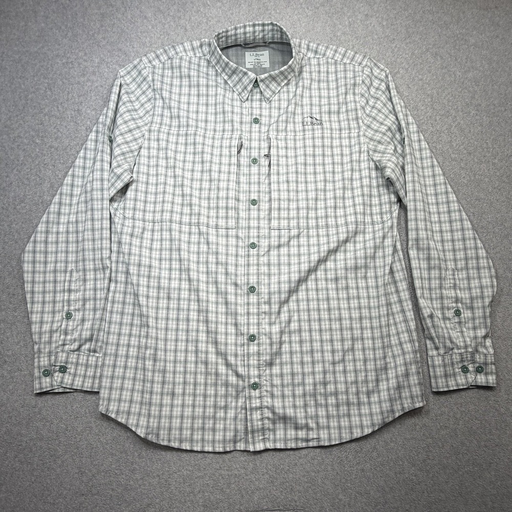 LL Bean Shirt Men LT Green Plaid Long Sleeve Button Front Fishing Stretch Vented